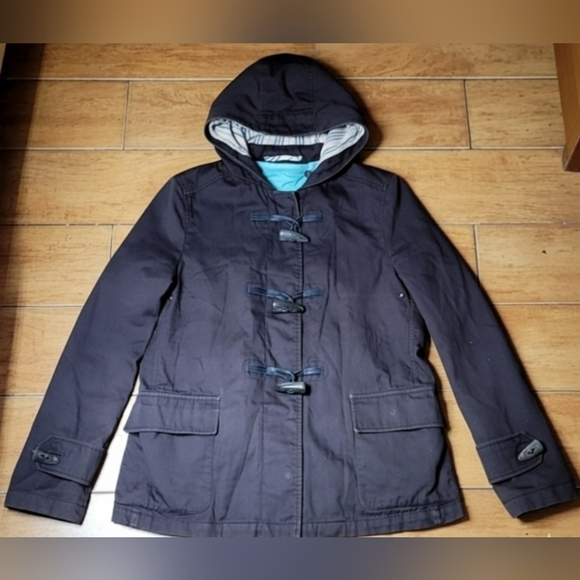 BURBERRY Brown Hoodie Nova Check Duffle Jacket Buffalo Horn Buttons Size XS/S